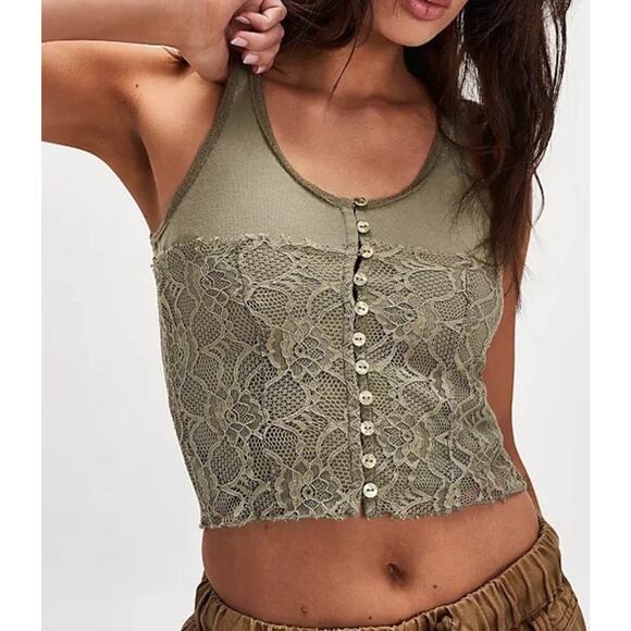 Free People Tops - Free People Lace Tank Top M Reversible Olive Green Button Front Boho Crop